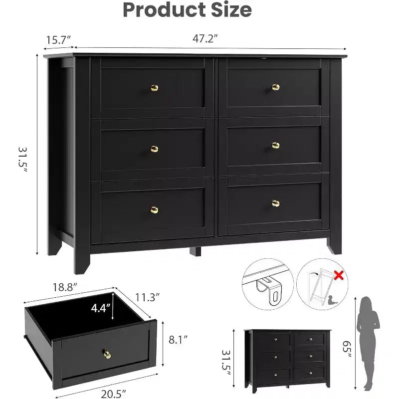 Comò Nero a 6 Cassetti per Camera da Letto, Cassettiera Grande con Cassetti Profondi e Maniglie in Metallo, Cassettiere Moderne in Legno per Ingresso, Corridoio