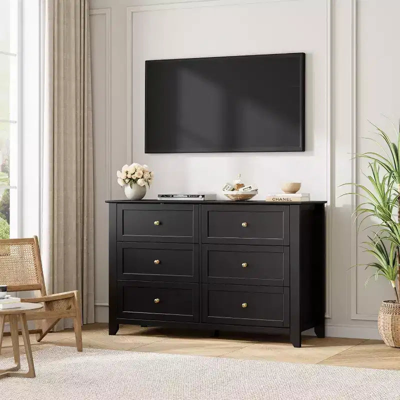 Comò Nero a 6 Cassetti per Camera da Letto, Cassettiera Grande con Cassetti Profondi e Maniglie in Metallo, Cassettiere Moderne in Legno per Ingresso, Corridoio