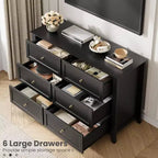 Comò Nero a 6 Cassetti per Camera da Letto, Cassettiera Grande con Cassetti Profondi e Maniglie in Metallo, Cassettiere Moderne in Legno per Ingresso, Corridoio