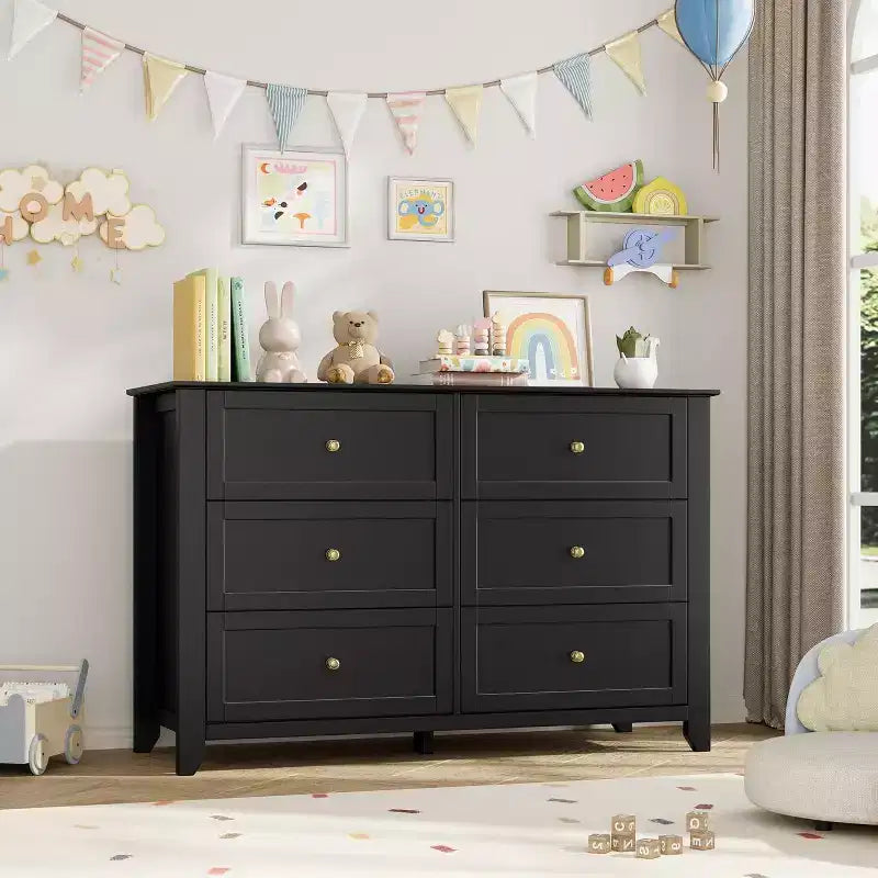 Comò Nero a 6 Cassetti per Camera da Letto, Cassettiera Grande con Cassetti Profondi e Maniglie in Metallo, Cassettiere Moderne in Legno per Ingresso, Corridoio
