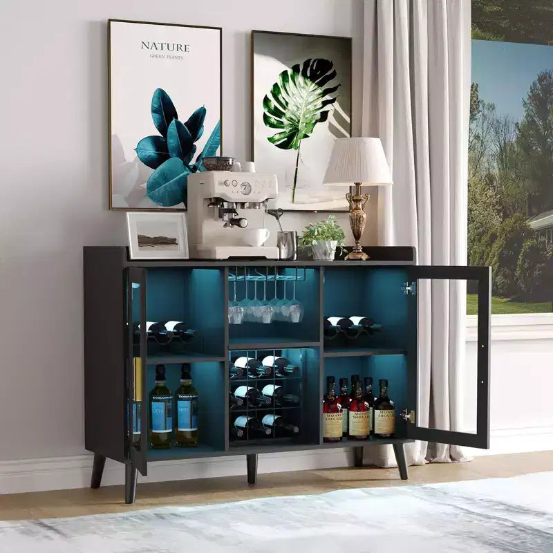 Mobile Bar da Vino Autoportante, Credenza e Buffet da Cucina con Portabicchieri, con Ante in Vetro per Soggiorno, Sala da Pranico