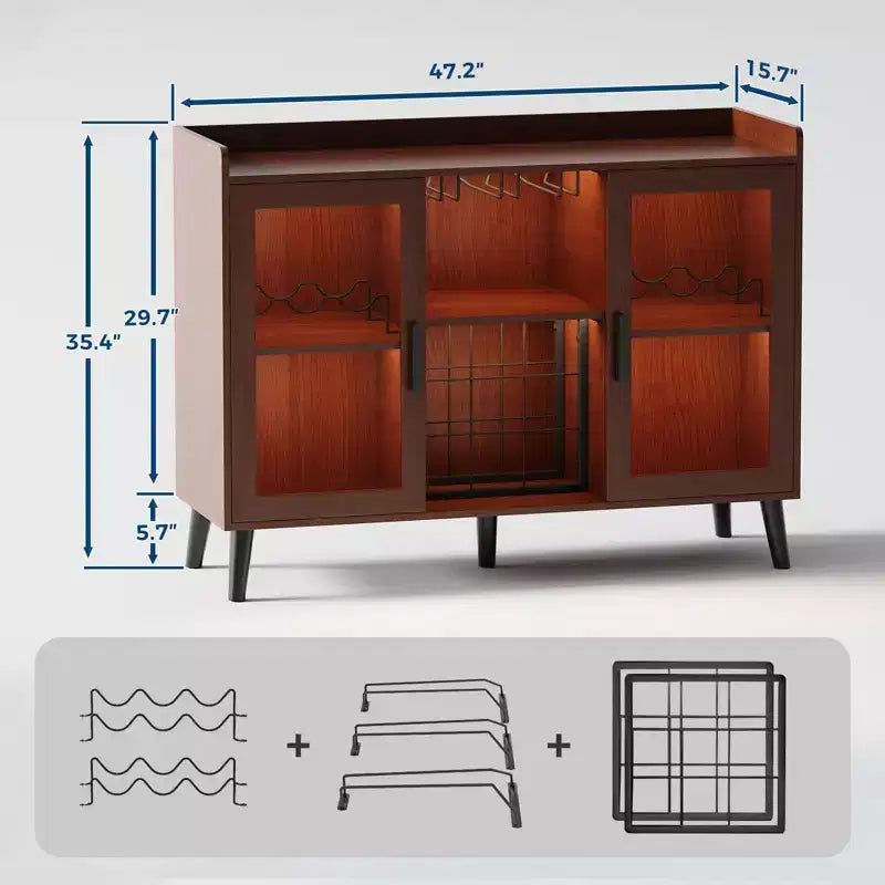Mobile Bar da Vino Autoportante, Credenza e Buffet da Cucina con Portabicchieri, con Ante in Vetro per Soggiorno, Sala da Pranico