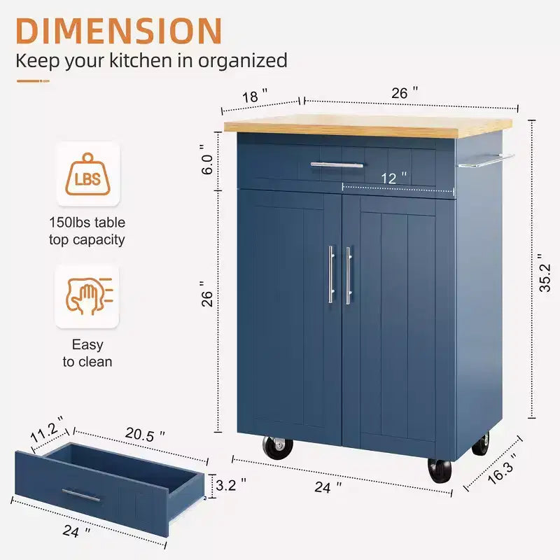 Isola Cucina in Legno Celebalcony, Carrello Isola Cucina con un Armadietto Doppio, Cassetto e Portasalviette. Carrello Contenitore con Ruote per Cucina, Soggiorno