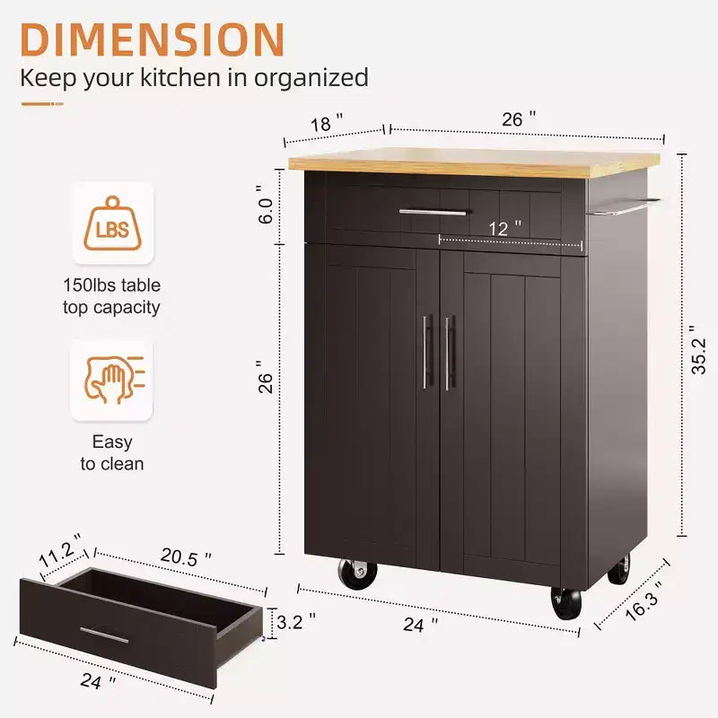 Isola Cucina in Legno Celebalcony, Carrello Isola Cucina con un Armadietto Doppio, Cassetto e Portasalviette. Carrello Contenitore con Ruote per Cucina, Soggiorno
