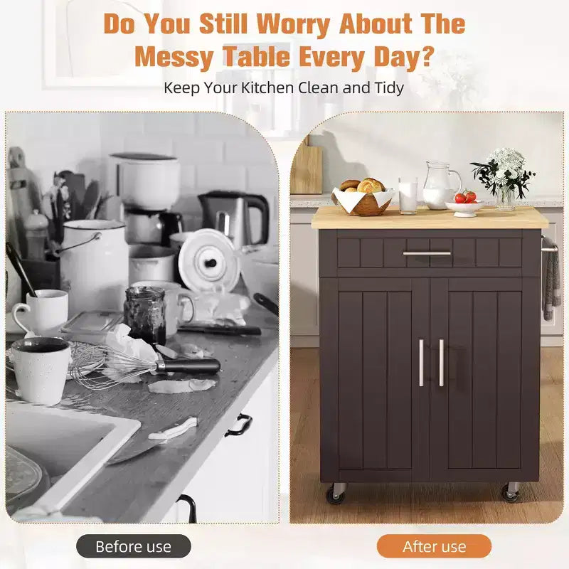 Isola Cucina in Legno Celebalcony, Carrello Isola Cucina con un Armadietto Doppio, Cassetto e Portasalviette. Carrello Contenitore con Ruote per Cucina, Soggiorno