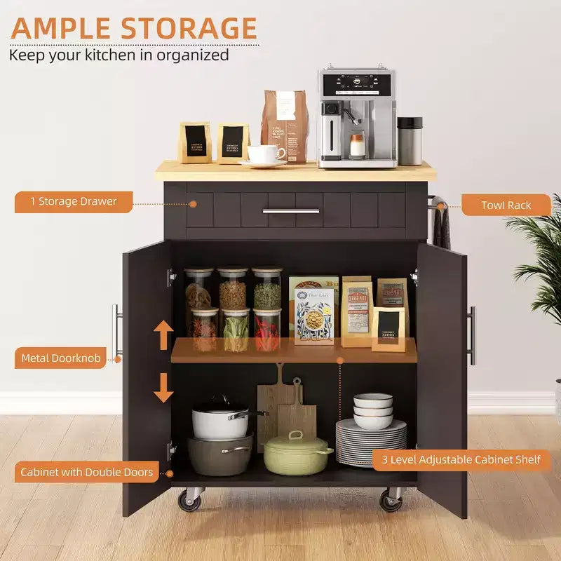 Isola Cucina in Legno Celebalcony, Carrello Isola Cucina con un Armadietto Doppio, Cassetto e Portasalviette. Carrello Contenitore con Ruote per Cucina, Soggiorno