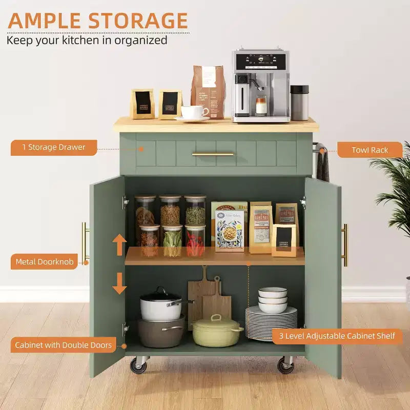 Isola Cucina in Legno Celebalcony, Carrello Isola Cucina con un Armadietto Doppio, Cassetto e Portasalviette. Carrello Contenitore con Ruote per Cucina, Soggiorno