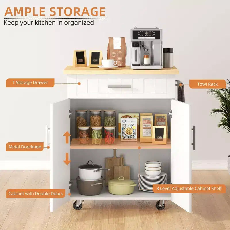 Isola Cucina in Legno Celebalcony, Carrello Isola Cucina con un Armadietto Doppio, Cassetto e Portasalviette. Carrello Contenitore con Ruote per Cucina, Soggiorno