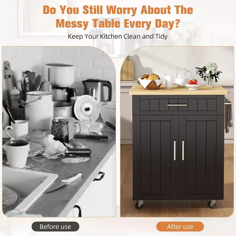 Isola Cucina in Legno Celebalcony, Carrello Isola Cucina con un Armadietto Doppio, Cassetto e Portasalviette. Carrello Contenitore con Ruote per Cucina, Soggiorno