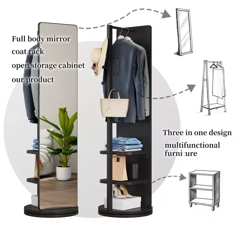 TUYOHW Specchio moderno rotante a figura intera con ganci funzionali e appendiabiti, specchio da terra indipendente per camera da letto, camerino, nero