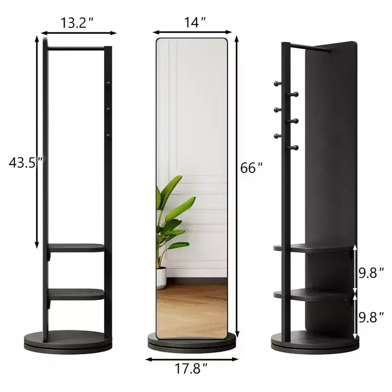 TUYOHW Specchio moderno rotante a figura intera con ganci funzionali e appendiabiti, specchio da terra indipendente per camera da letto, camerino, nero