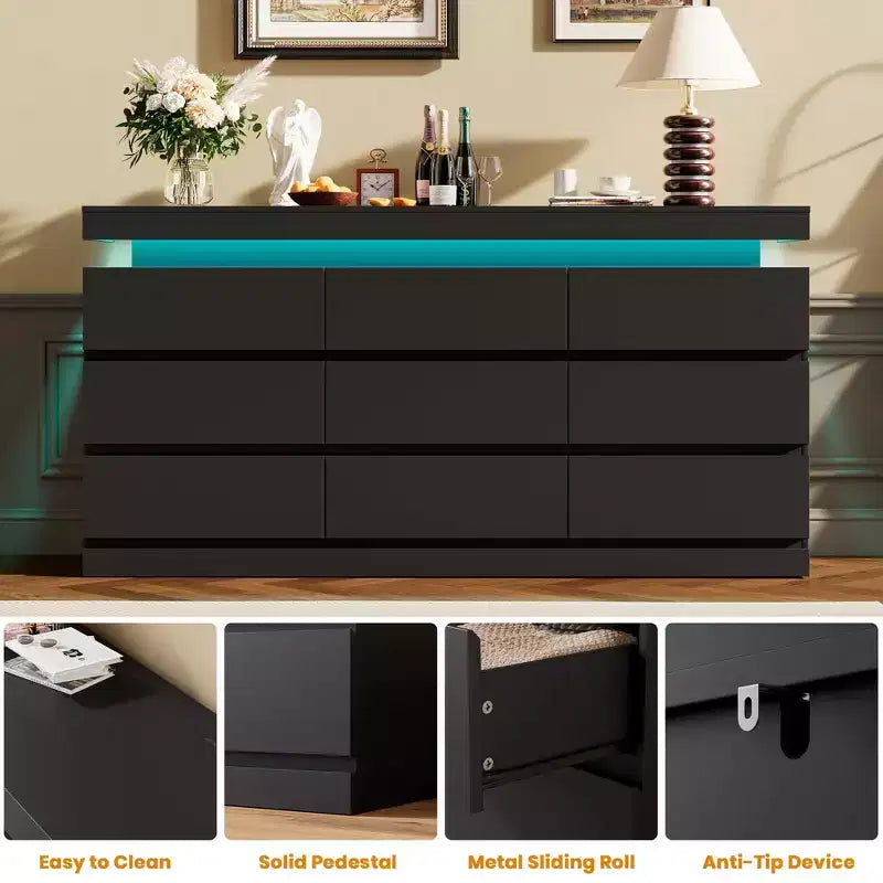 Cassettiera a 9 cassetti per camera da letto - Comò largo 160 cm con luce LED e stazione di ricarica, mobile TV grande multi-funzione per l'organizzazione della casa