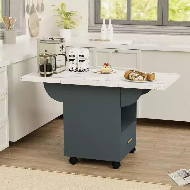 Tavolo Pieghevole Multifunzionale con Texture in Marmo, Carrello da Cucina su Ruote con Cassetto e Ripiano, Scrivania Mobile per Piccoli Spazi