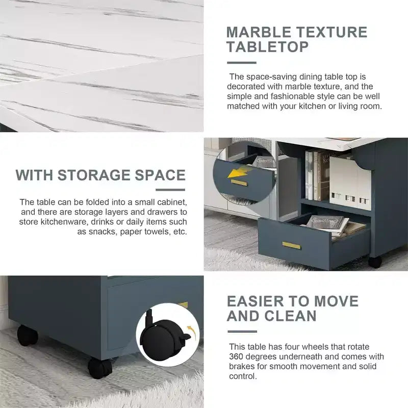Tavolo Pieghevole Multifunzionale con Texture in Marmo, Carrello da Cucina su Ruote con Cassetto e Ripiano, Scrivania Mobile per Piccoli Spazi