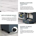 Tavolo Pieghevole Multifunzionale con Texture in Marmo, Carrello da Cucina su Ruote con Cassetto e Ripiano, Scrivania Mobile per Piccoli Spazi