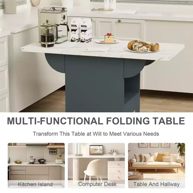 Tavolo Pieghevole Multifunzionale con Texture in Marmo, Carrello da Cucina su Ruote con Cassetto e Ripiano, Scrivania Mobile per Piccoli Spazi