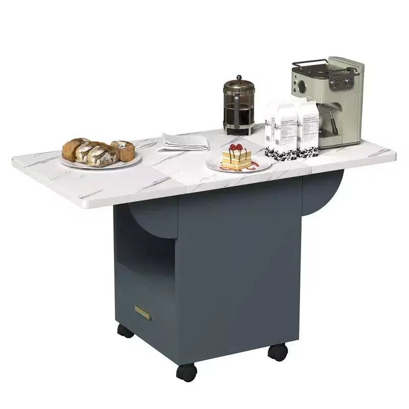 Tavolo Pieghevole Multifunzionale con Texture in Marmo, Carrello da Cucina su Ruote con Cassetto e Ripiano, Scrivania Mobile per Piccoli Spazi