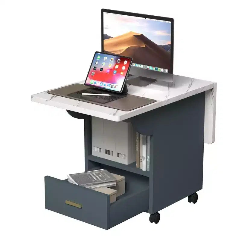 Tavolo Pieghevole Multifunzionale con Texture in Marmo, Carrello da Cucina su Ruote con Cassetto e Ripiano, Scrivania Mobile per Piccoli Spazi
