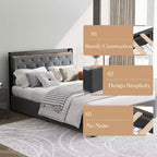 Letto matrimoniale con rivestimento imbottito, Struttura letto con stazione di ricarica e 4 cassetti contenitore, Supporto a doghe in legno, Nessuna necessità di box spring, Grigio chiaro (Queen)