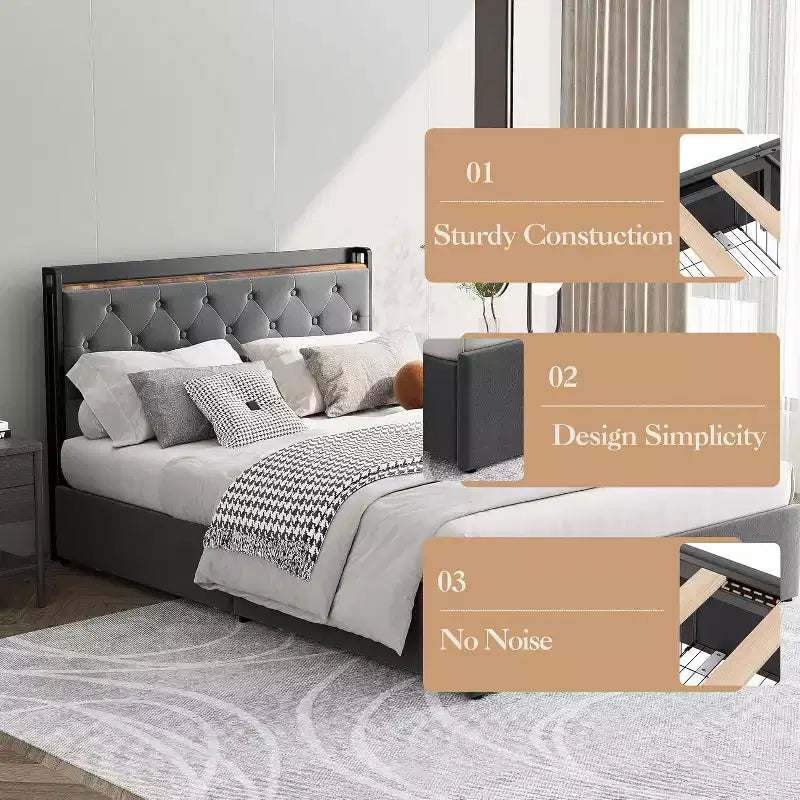 Letto matrimoniale con rivestimento imbottito, Struttura letto con stazione di ricarica e 4 cassetti contenitore, Supporto a doghe in legno, Nessuna necessità di box spring, Grigio chiaro (Queen)