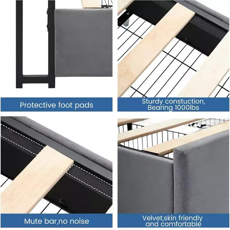 Letto matrimoniale con rivestimento imbottito, Struttura letto con stazione di ricarica e 4 cassetti contenitore, Supporto a doghe in legno, Nessuna necessità di box spring, Grigio chiaro (Queen)