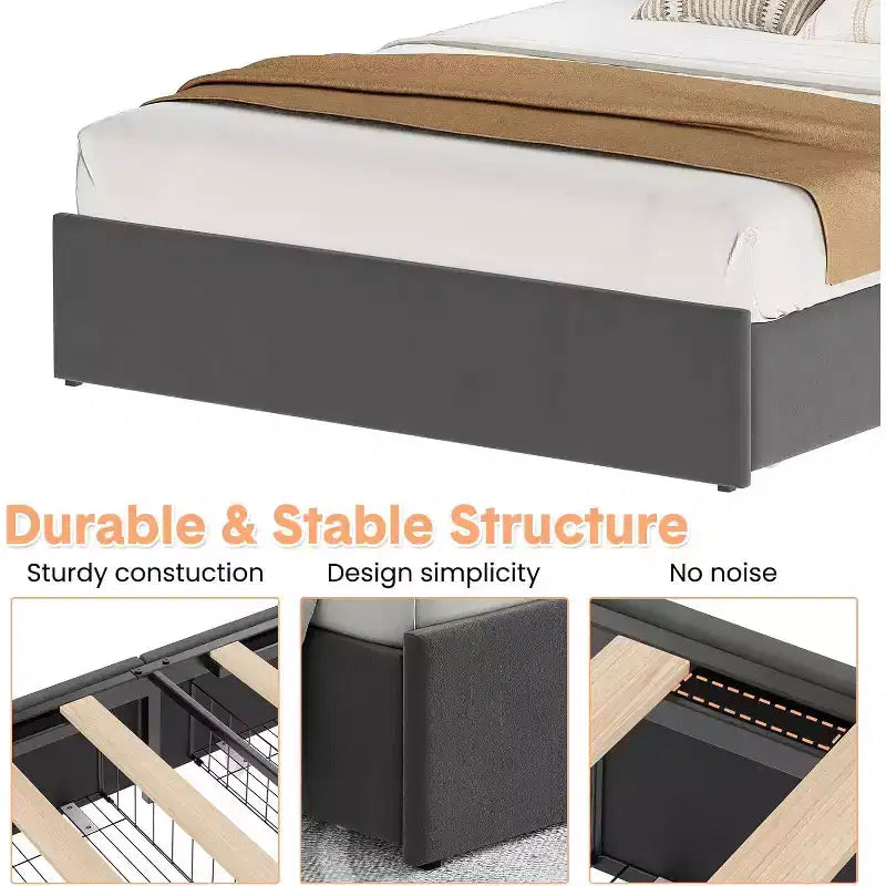Letto matrimoniale con rivestimento imbottito, Struttura letto con stazione di ricarica e 4 cassetti contenitore, Supporto a doghe in legno, Nessuna necessità di box spring, Grigio chiaro (Queen)