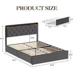 Letto matrimoniale con rivestimento imbottito, Struttura letto con stazione di ricarica e 4 cassetti contenitore, Supporto a doghe in legno, Nessuna necessità di box spring, Grigio chiaro (Queen)