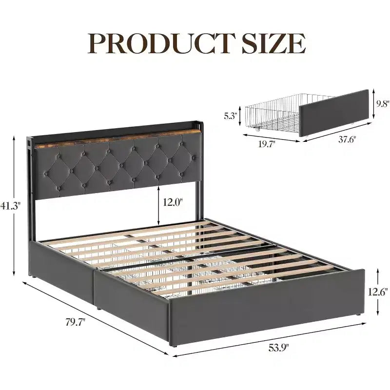 Letto matrimoniale con rivestimento imbottito, Struttura letto con stazione di ricarica e 4 cassetti contenitore, Supporto a doghe in legno, Nessuna necessità di box spring, Grigio chiaro (Queen)