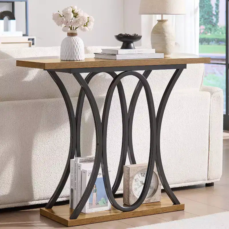 Sailvan 39.37 Sofa Table, Industrial 2-Tier Entryway Table with Metal Frame and 1.7 Thickened Top, Narrow Console Table Living Room, Hallway, Foyer