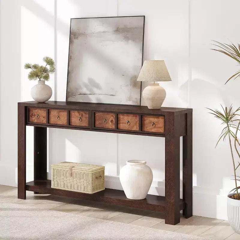Tavolo consolle da 137 cm, tavolo d'ingresso in legno con 2 cassetti e ripiano aperto, tavolo da divano dietro il divano, tavolo da ingresso in stile rustico