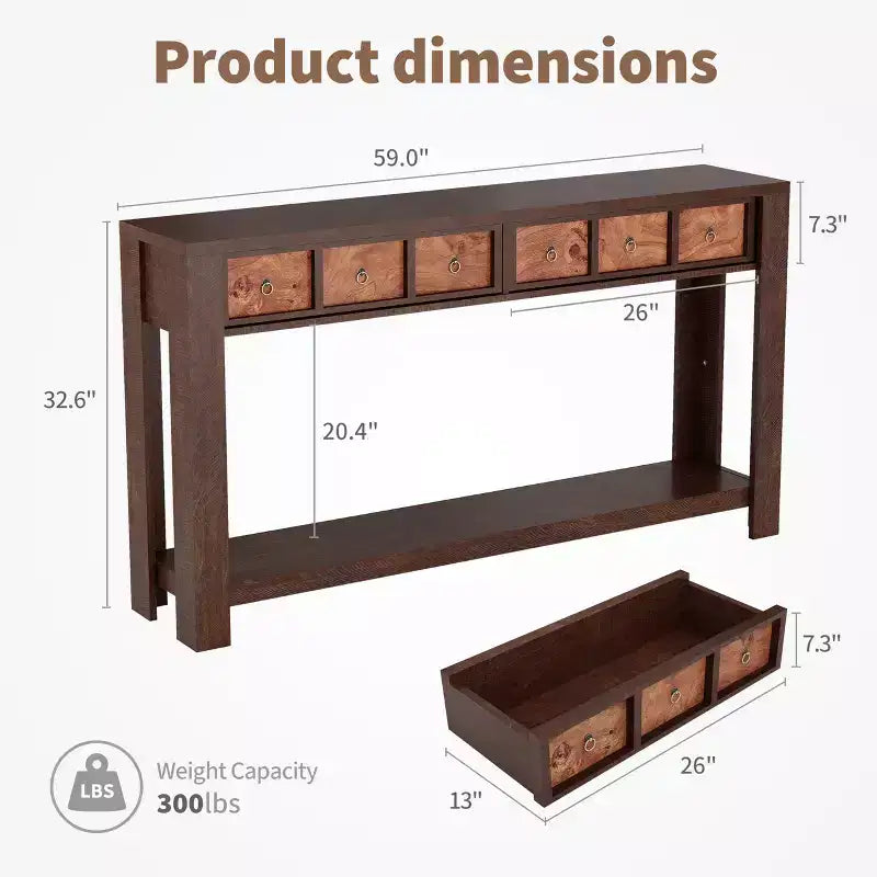 Tavolo consolle da 137 cm, tavolo d'ingresso in legno con 2 cassetti e ripiano aperto, tavolo da divano dietro il divano, tavolo da ingresso in stile rustico