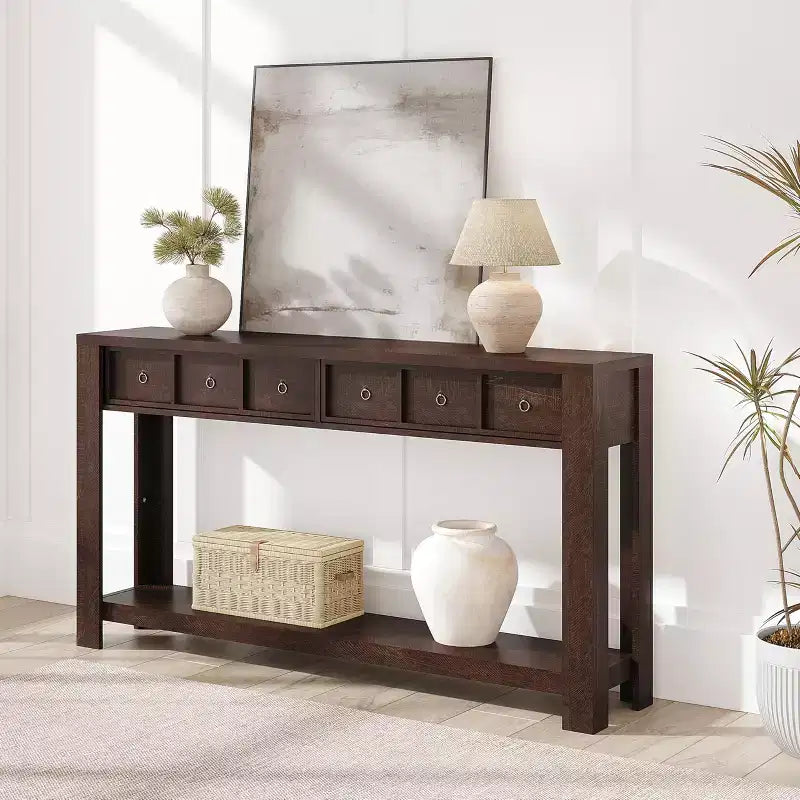 Tavolo consolle da 137 cm, tavolo d'ingresso in legno con 2 cassetti e ripiano aperto, tavolo da divano dietro il divano, tavolo da ingresso in stile rustico