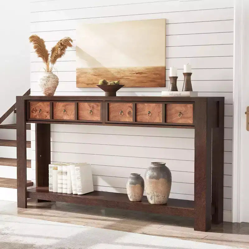 Tavolo consolle da 137 cm, tavolo d'ingresso in legno con 2 cassetti e ripiano aperto, tavolo da divano dietro il divano, tavolo da ingresso in stile rustico