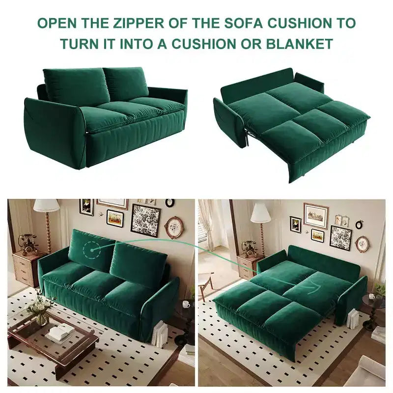 MAYEERTY 70.9 Divano Letto Estraibile, 3 Posti Convertibile con Set Cuscino e Coperta 2-in-1 Verde