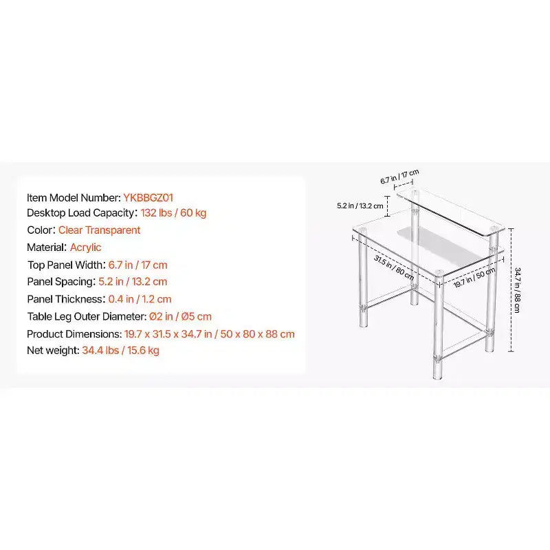 VEVOR Tavolo in Acrilico, Scrivania Trasparente a 2 Livelli con Supporto per Monitor, Scrivania per Computer da Studio in Acrilico, Tavolino Moderno Comodino, 19.7x31.5x34.7 in, Trasparente