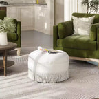 TUYOHW 24 Round Accent Ottoman with Tassel Rope Bullion Fringe,Soft Chenille Ottoman,Vintage Footrest Ottoman Stool for Living Room & Bedroom,White
