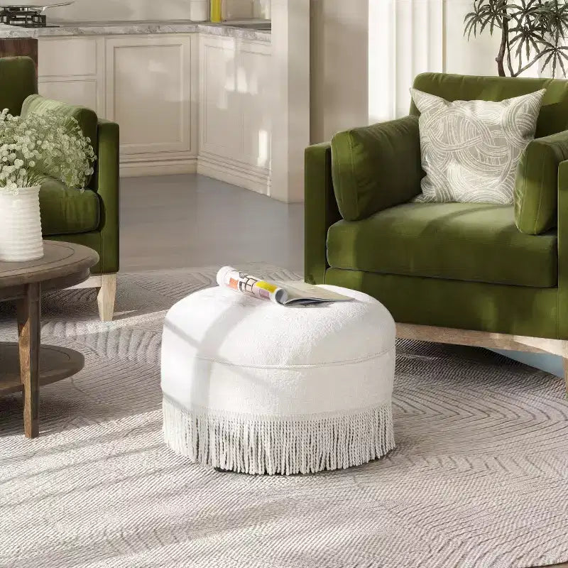 TUYOHW 24 Round Accent Ottoman with Tassel Rope Bullion Fringe,Soft Chenille Ottoman,Vintage Footrest Ottoman Stool for Living Room & Bedroom,White