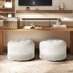 Pouf rotondo d'accento TUYOHW 24 con frange di passamaneria a nappa, Pouf in morbida ciniglia, Pouf poggiapiedi vintage per soggiorno e camera da letto, Bianco