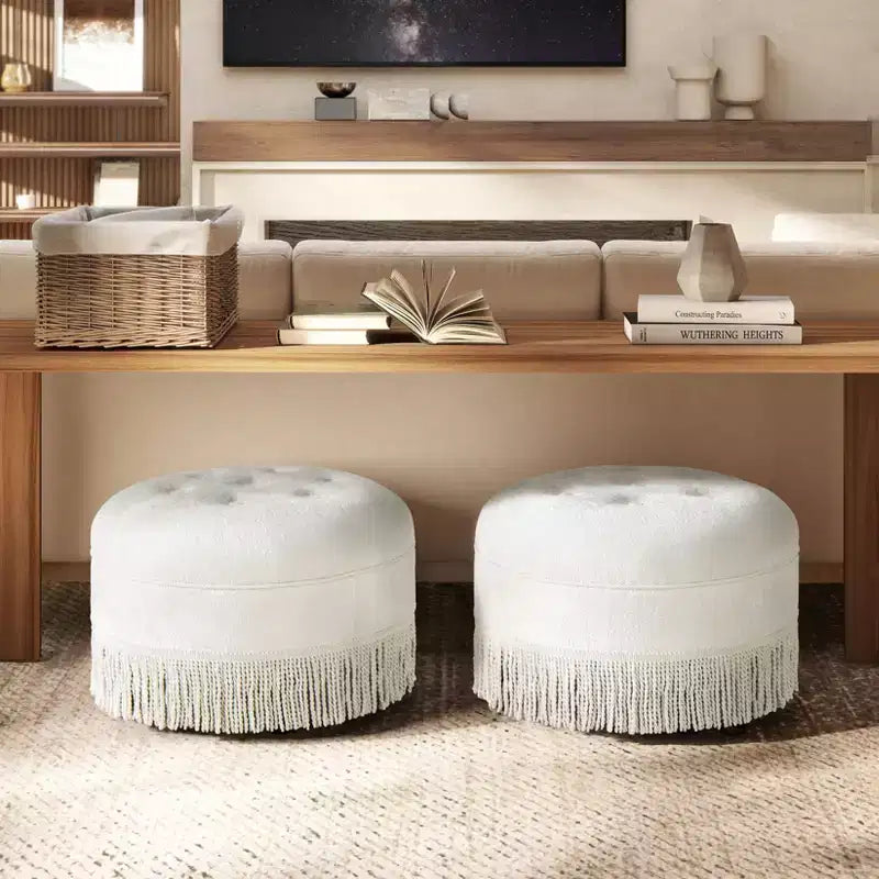 Pouf rotondo d'accento TUYOHW 24 con frange di passamaneria a nappa, Pouf in morbida ciniglia, Pouf poggiapiedi vintage per soggiorno e camera da letto, Bianco