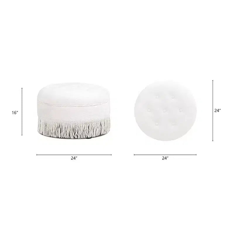 Pouf rotondo d'accento TUYOHW 24 con frange di passamaneria a nappa, Pouf in morbida ciniglia, Pouf poggiapiedi vintage per soggiorno e camera da letto, Bianco