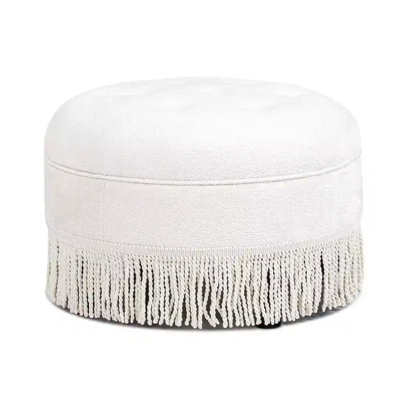 Pouf rotondo d'accento TUYOHW 24 con frange di passamaneria a nappa, Pouf in morbida ciniglia, Pouf poggiapiedi vintage per soggiorno e camera da letto, Bianco