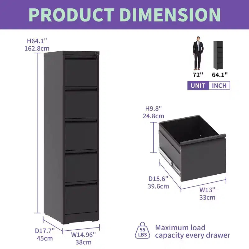 VIYET 64H Cassettiera verticale a 5 cassetti in metallo nero con serratura, classificatore in acciaio per ufficio domestico, adatto per formato A4/legale/lettera