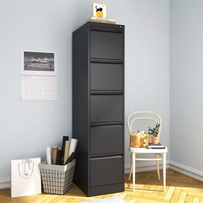 VIYET 64H Cassettiera verticale a 5 cassetti in metallo nero con serratura, classificatore in acciaio per ufficio domestico, adatto per formato A4/legale/lettera