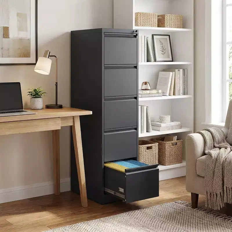 VIYET 64H Cassettiera verticale a 5 cassetti in metallo nero con serratura, classificatore in acciaio per ufficio domestico, adatto per formato A4/legale/lettera