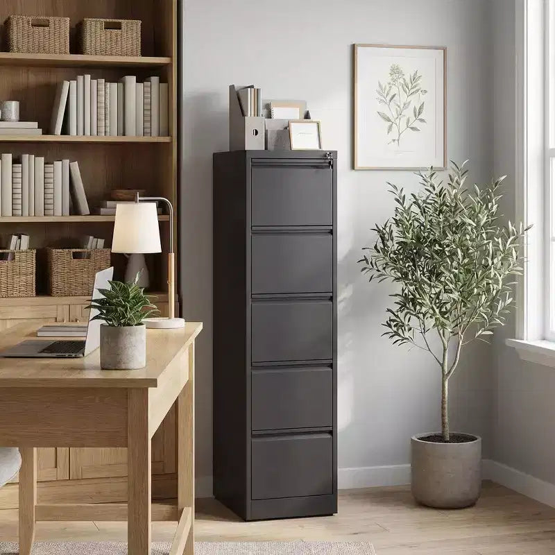 VIYET 64H Cassettiera verticale a 5 cassetti in metallo nero con serratura, classificatore in acciaio per ufficio domestico, adatto per formato A4/legale/lettera