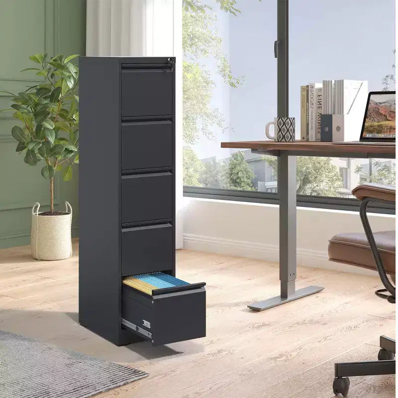 VIYET 64H Cassettiera verticale a 5 cassetti in metallo nero con serratura, classificatore in acciaio per ufficio domestico, adatto per formato A4/legale/lettera