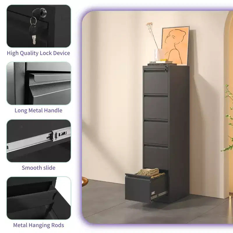 VIYET 64H Cassettiera verticale a 5 cassetti in metallo nero con serratura, classificatore in acciaio per ufficio domestico, adatto per formato A4/legale/lettera