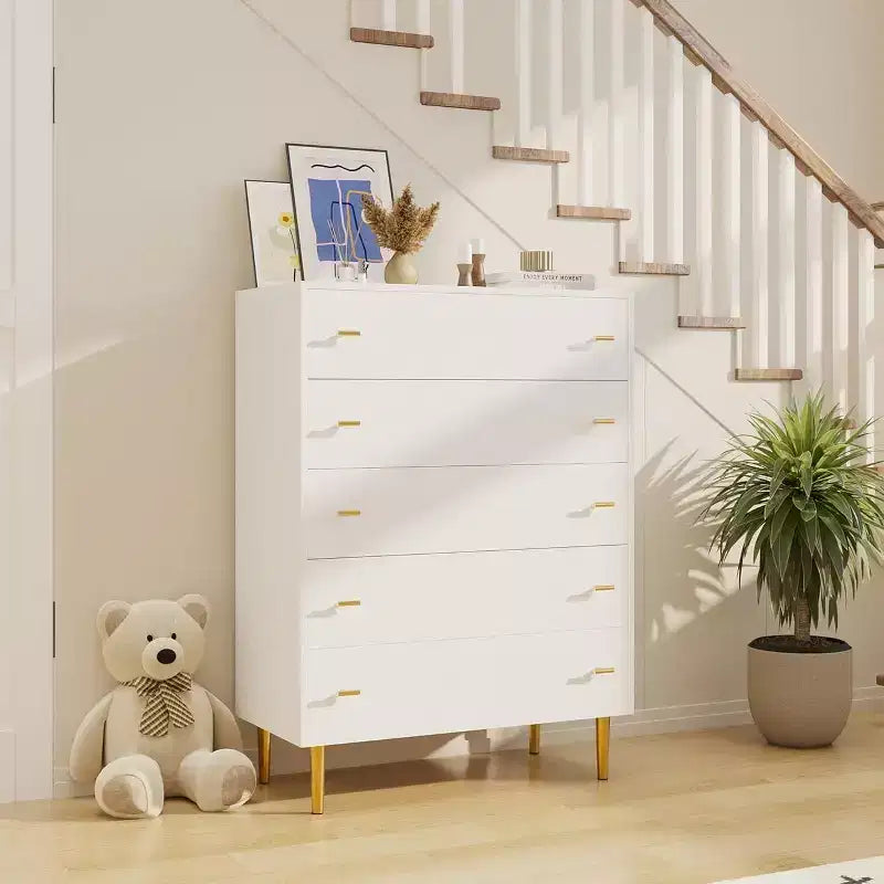 Cassettiera a 5 cassetti per camera da letto, Comò alto in legno rustico con cassetti grandi e maniglie a barra, texture naturale per soggiorno, corridoio