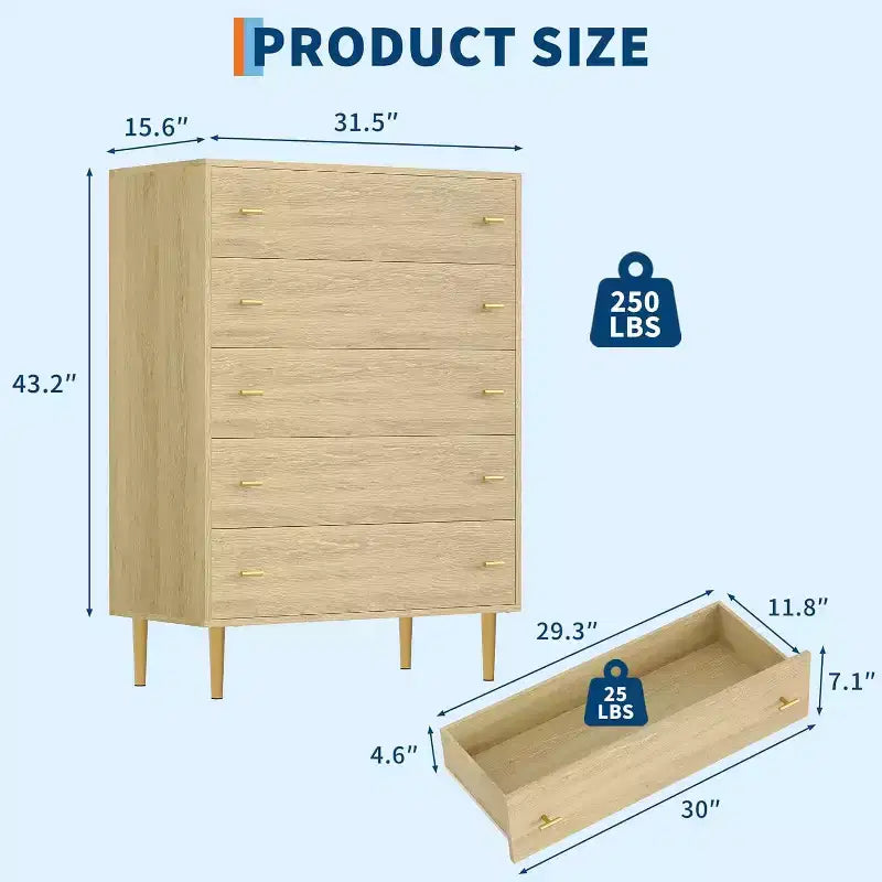 Cassettiera a 5 cassetti per camera da letto, Comò alto in legno rustico con cassetti grandi e maniglie a barra, texture naturale per soggiorno, corridoio