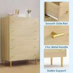 Cassettiera a 5 cassetti per camera da letto, Comò alto in legno rustico con cassetti grandi e maniglie a barra, texture naturale per soggiorno, corridoio